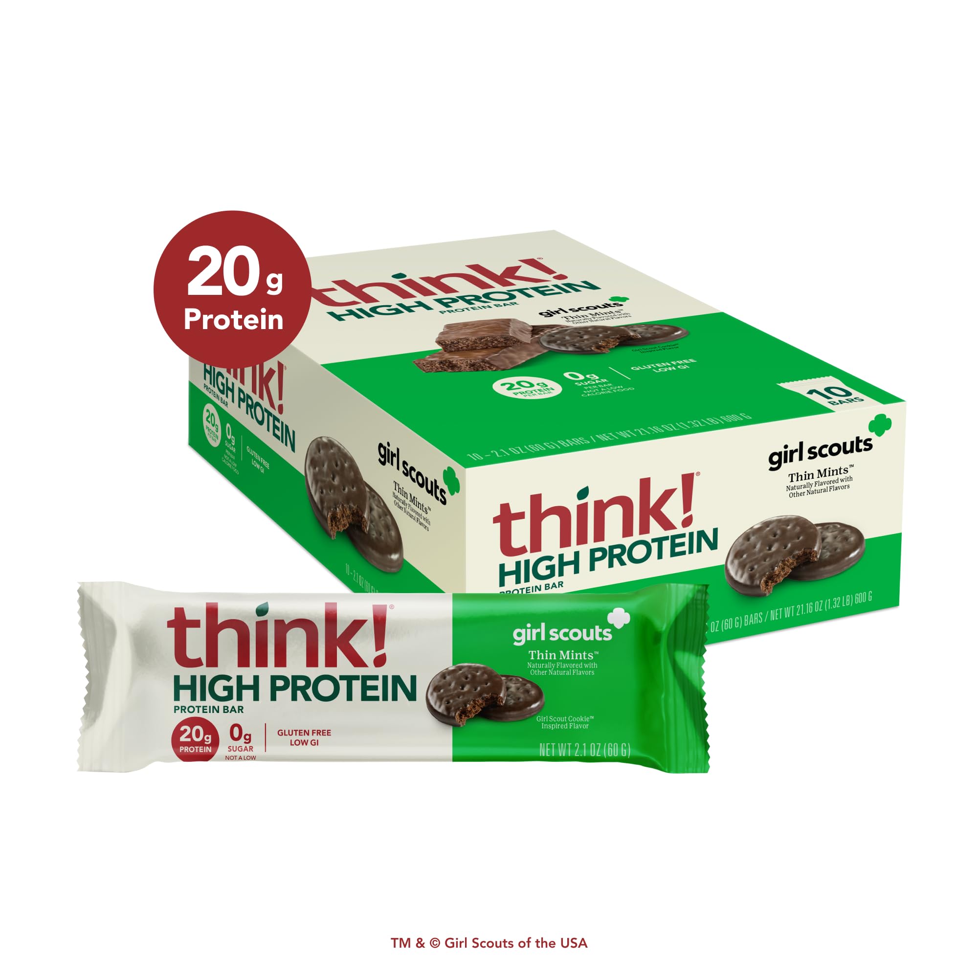 think! Protein Bars Thin Mint bar close-up showing mint chocolate texture.