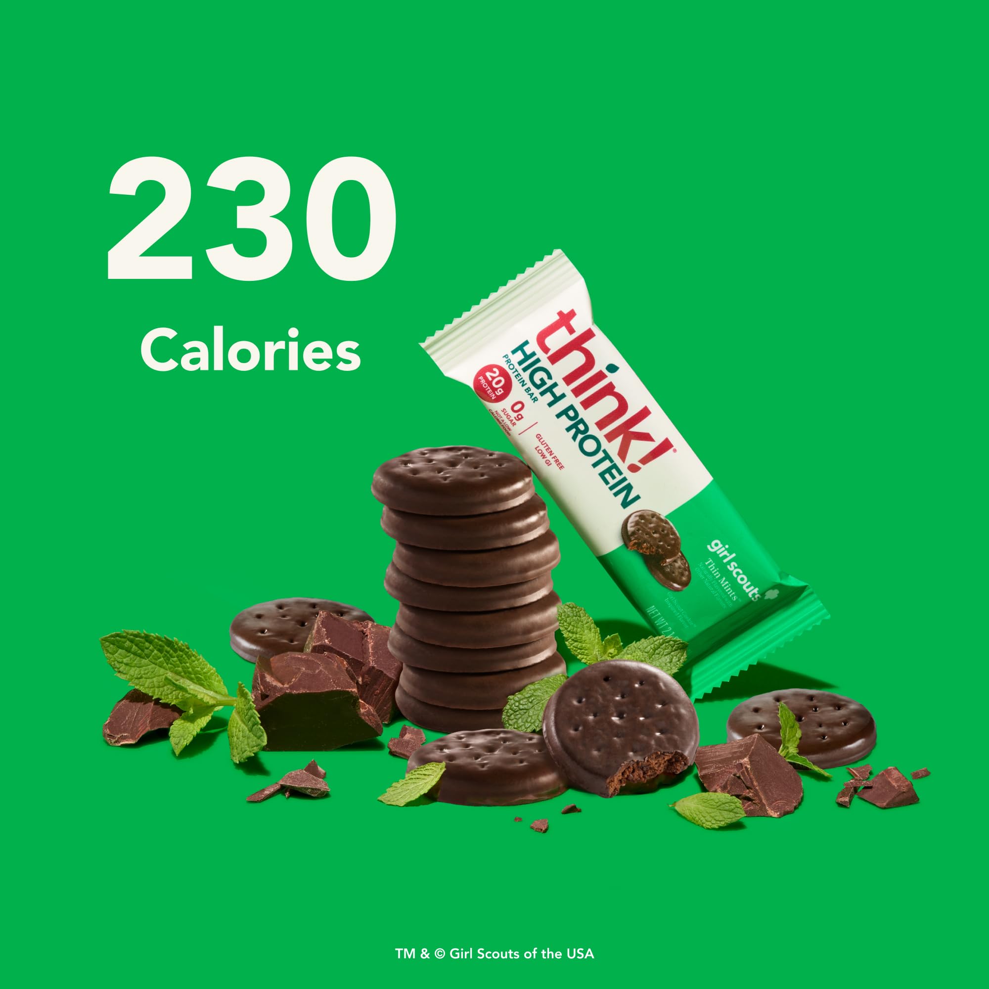 think! Protein Bars Thin Mint nutrition panel showing 20g protein per bar.