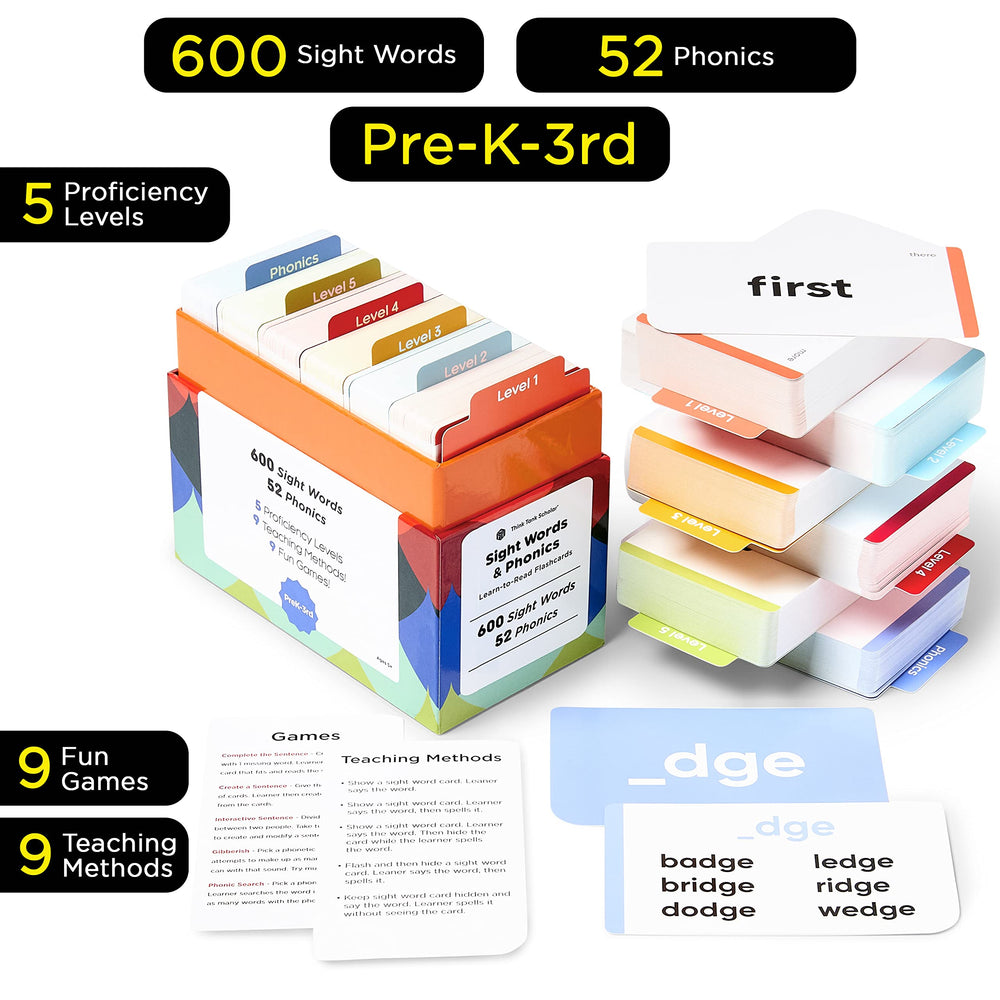 Think Tank Scholar phonics flash cards illustrate CVC words and blends for decoding practice
