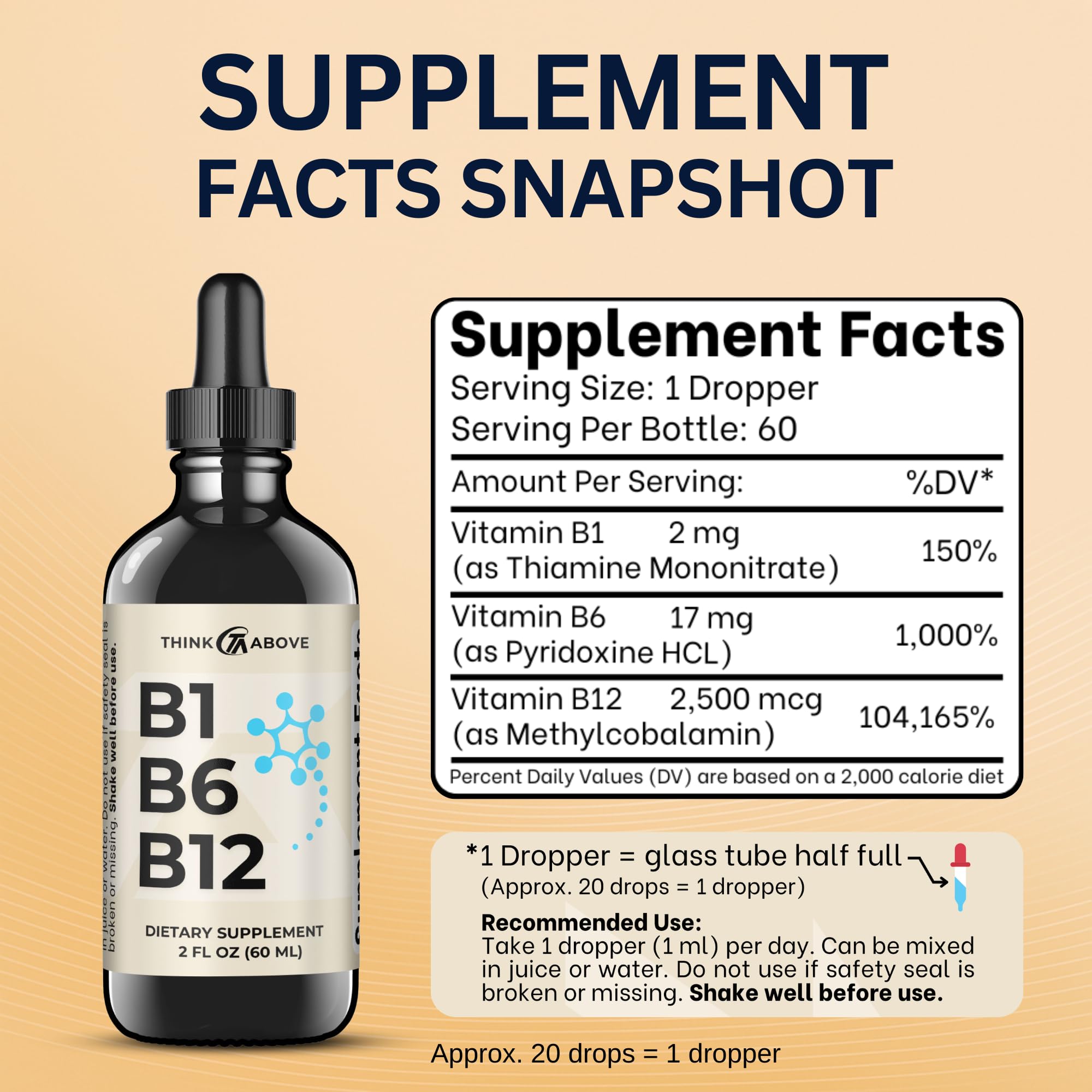 ThinkAbove B1 B6 B12 liquid drops label shows methylcobalamin and B vitamins.