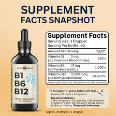 ThinkAbove B1 B6 B12 liquid drops label shows methylcobalamin and B vitamins.
