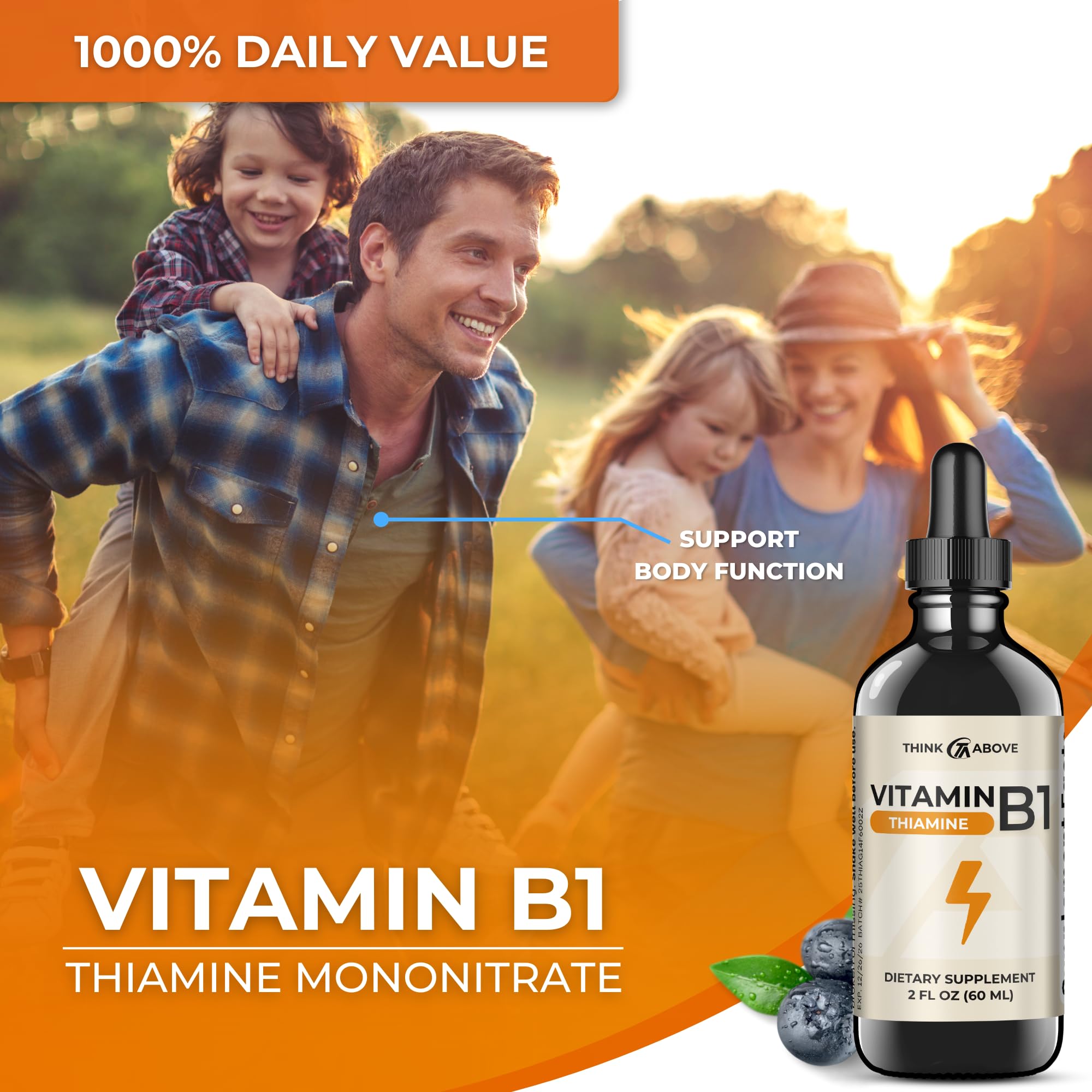 Think Above Vitamin B1 drops closeup of clear liquid ready to use