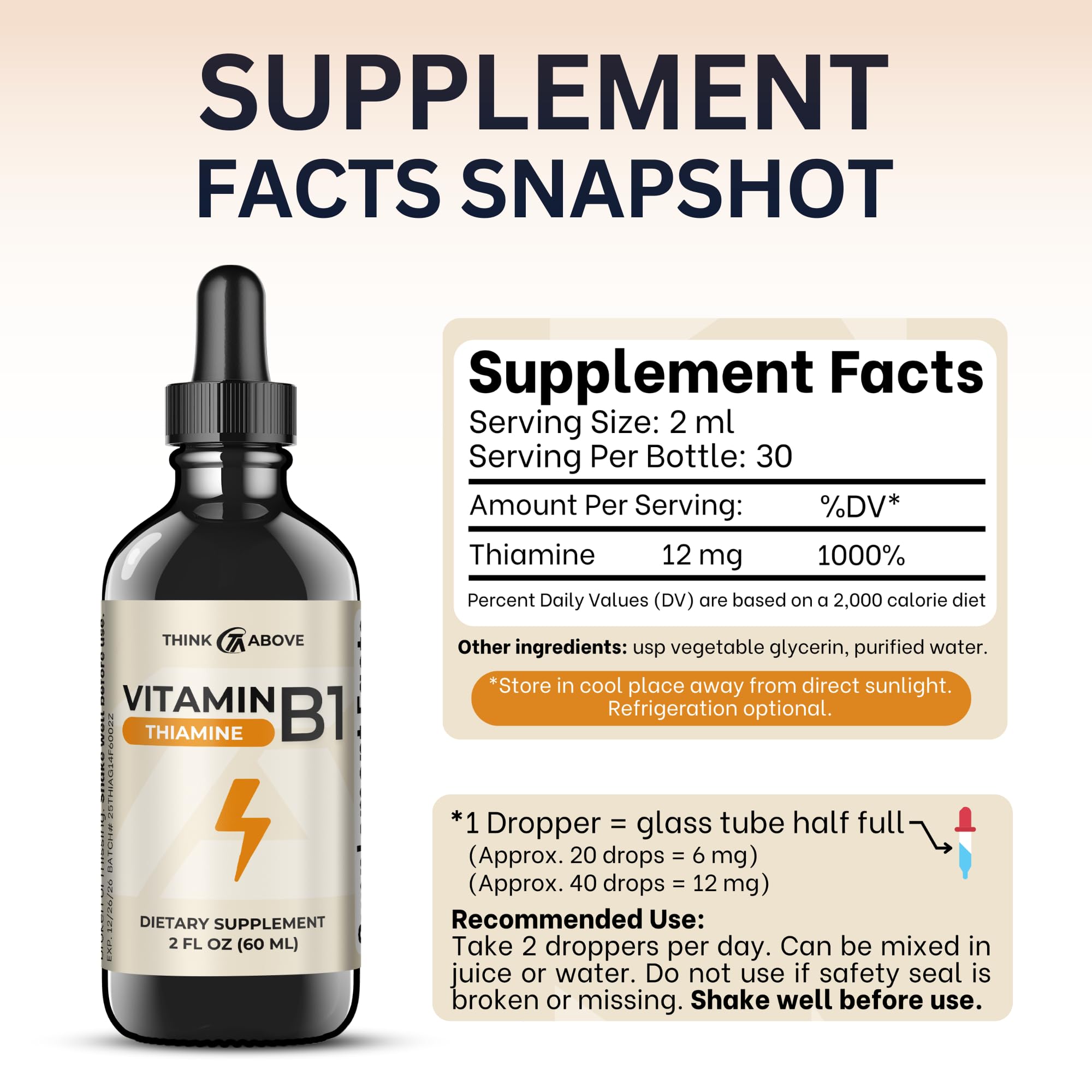 Think Above Vitamin B1 drops display with dropper for convenient dosing