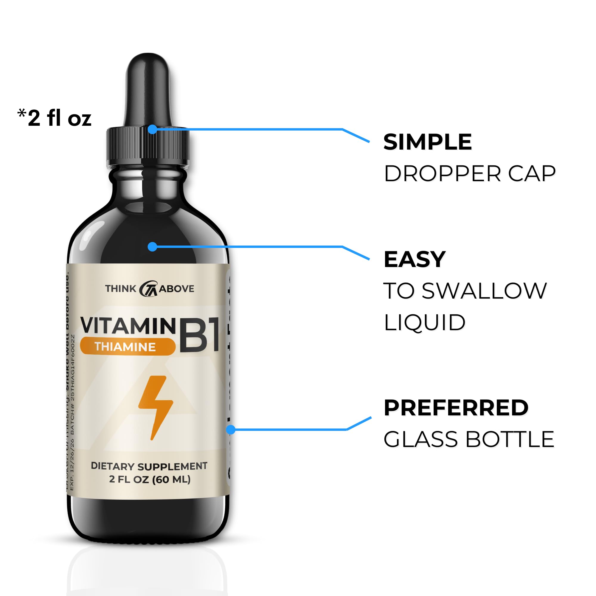Think Above Vitamin B1 liquid drops glass bottle emphasizing purity