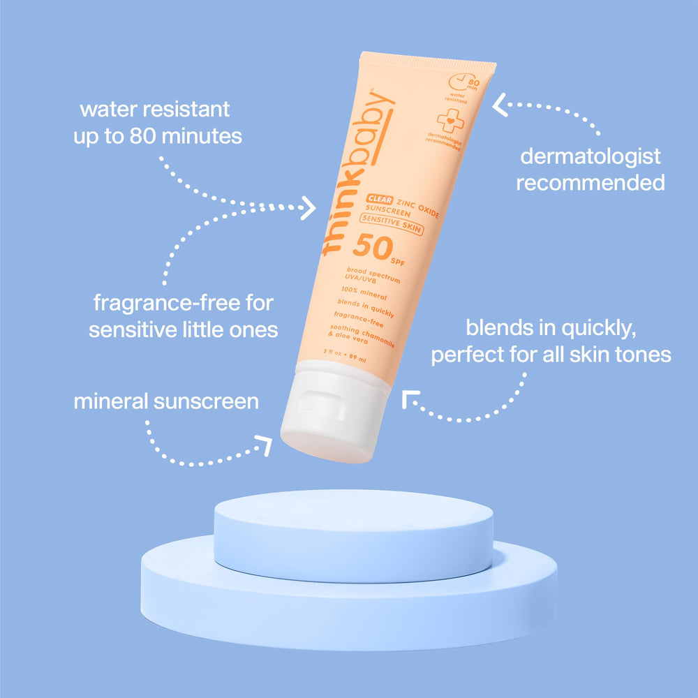 Thinkbaby sunscreen in use on a child, fast-absorb formula for quick protection.