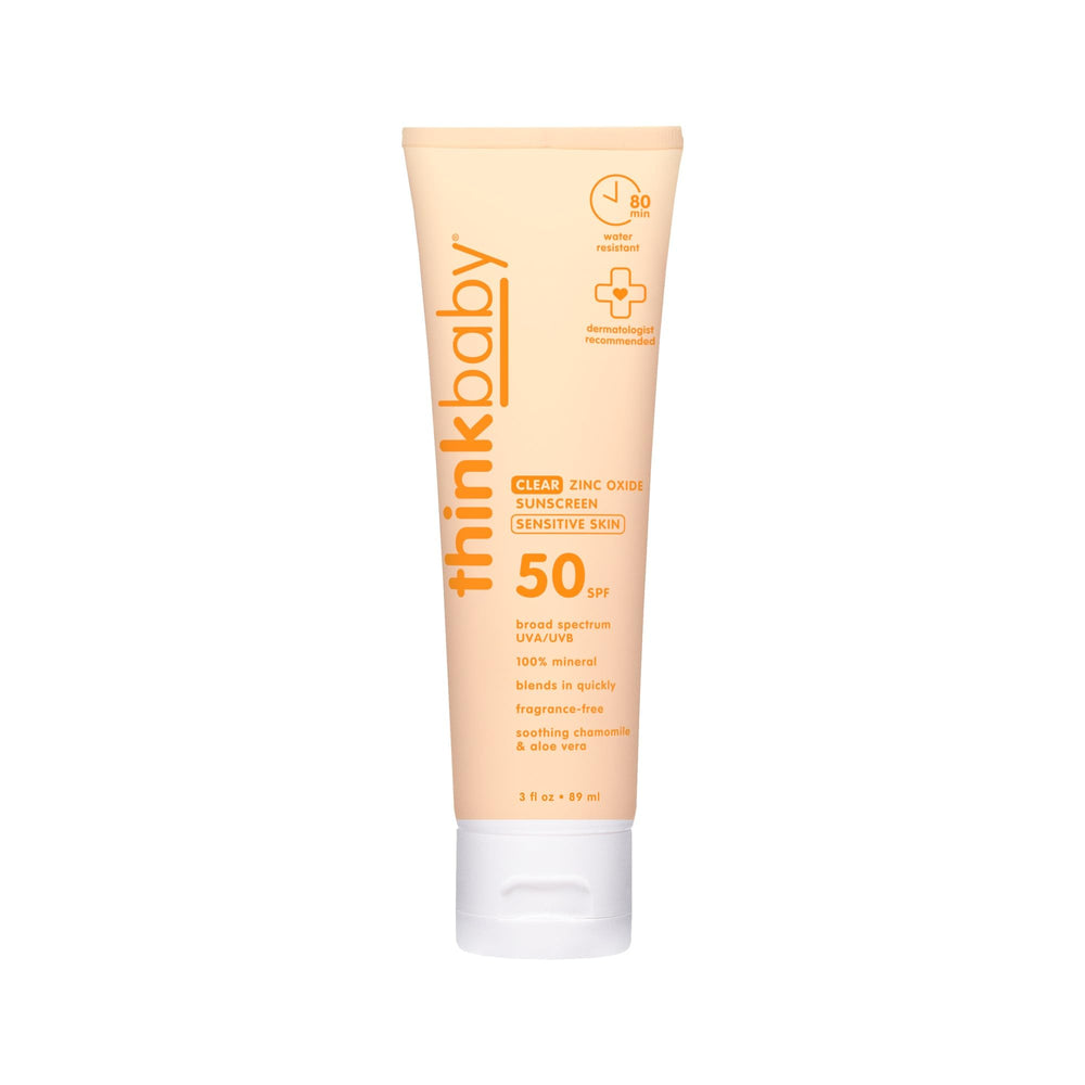 Thinkbaby sunscreen bottle front view, compact 3 oz for easy travel.