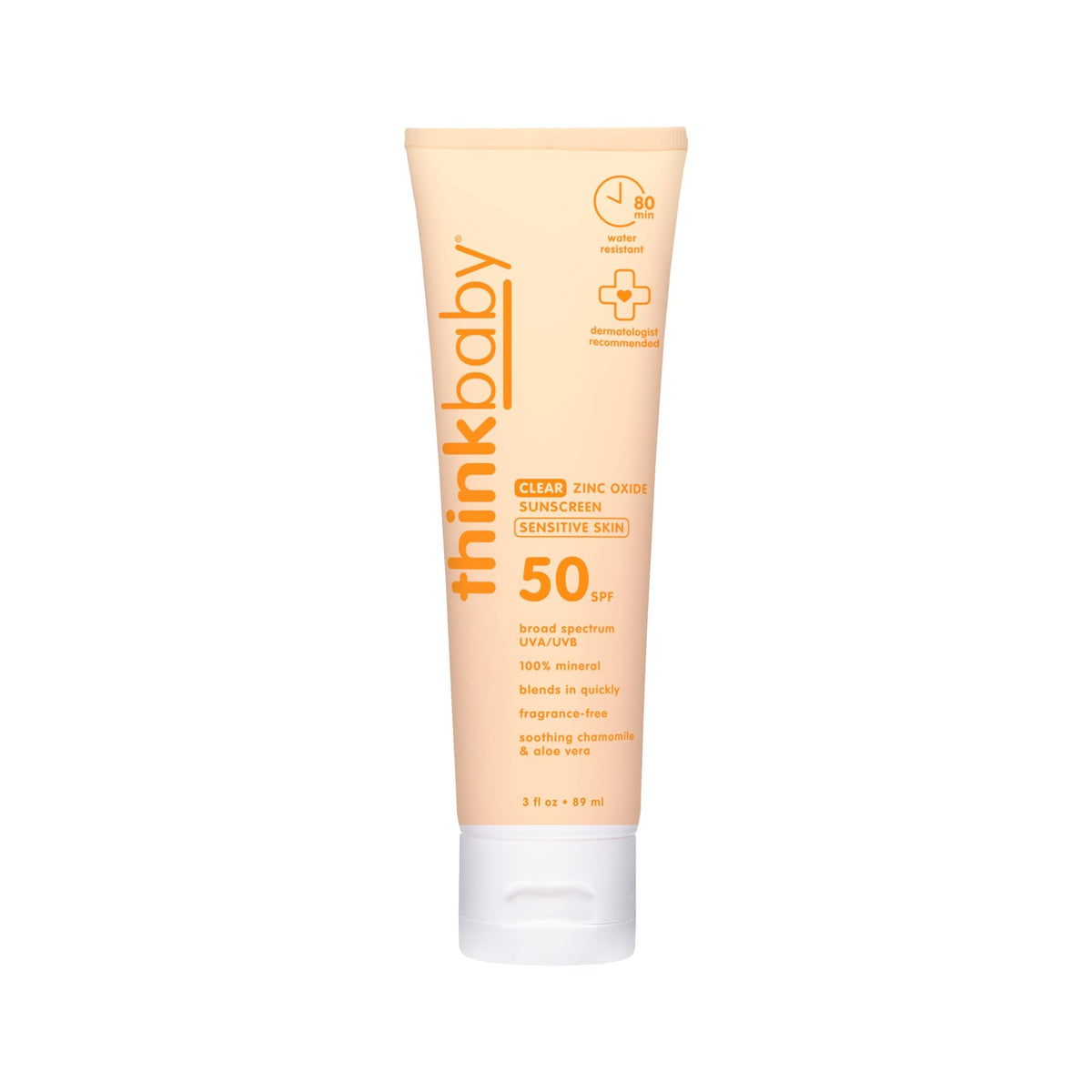 Thinkbaby sunscreen bottle front view, compact 3 oz for easy travel.