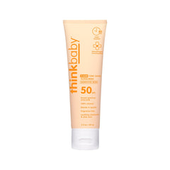 Thinkbaby sunscreen bottle front view, compact 3 oz for easy travel.