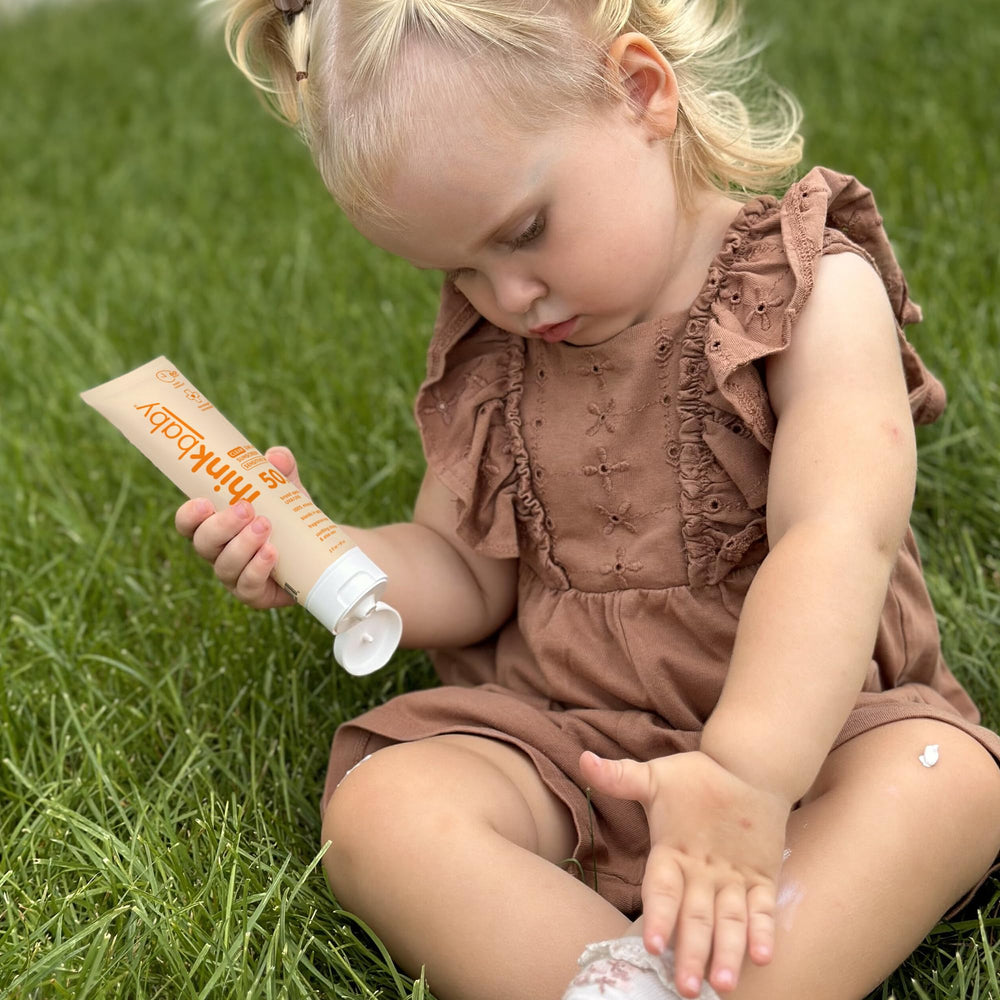 Thinkbaby reef-safe label highlights mineral zinc protection without reef impact.