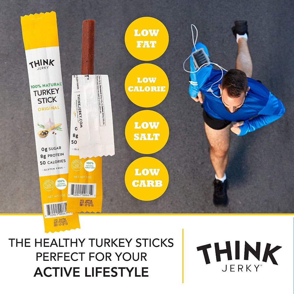 Think Jerky turkey sticks during outdoor activity suggesting convenient, low-fat energy boost