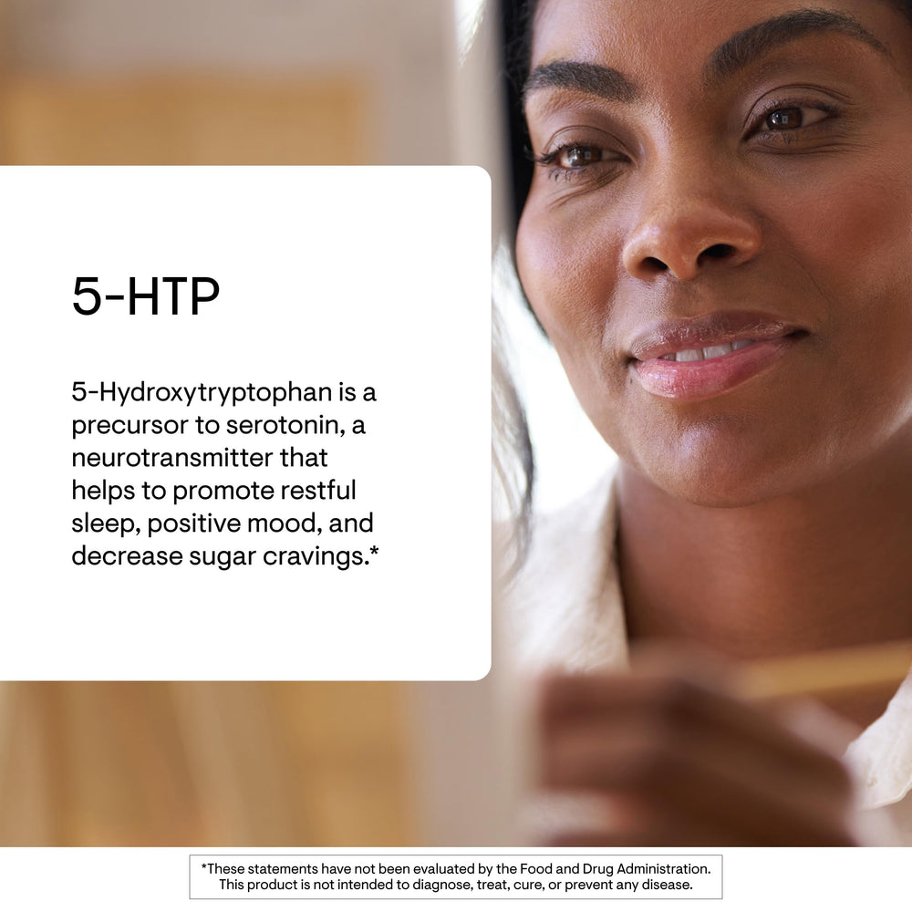 THORNE 5-HTP bottle pour highlights convenient use in routines.