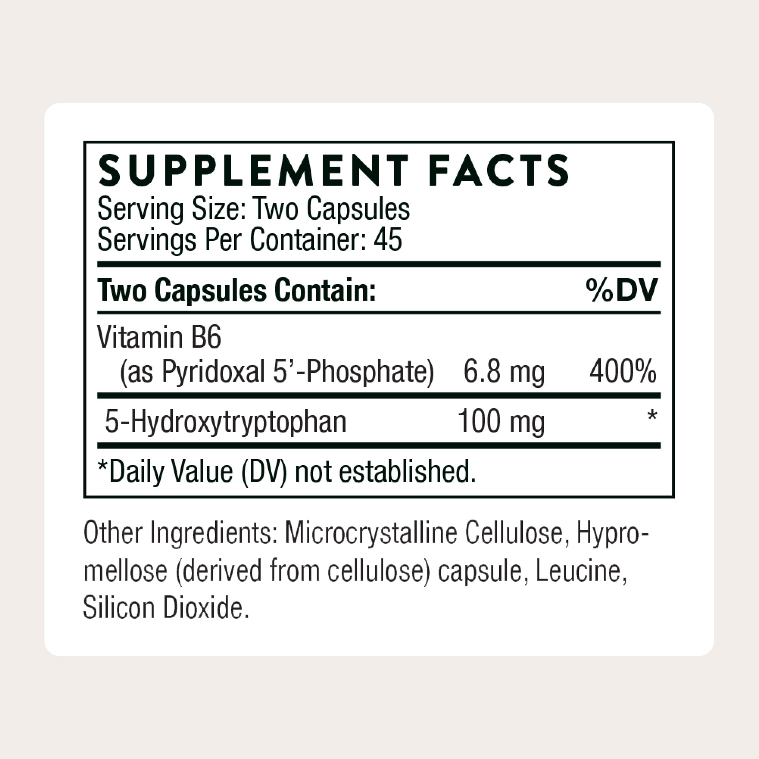THORNE 5-HTP capsules show easy-to-swallow form for stress management.