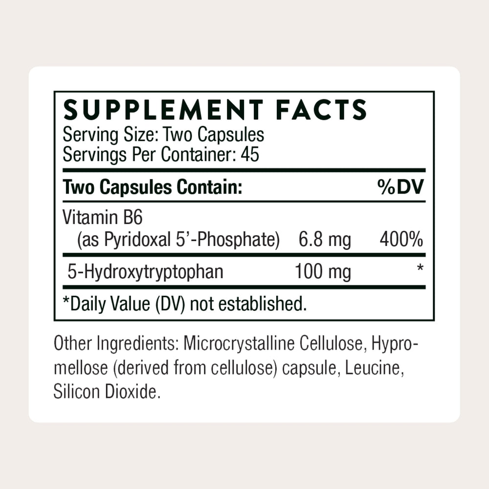 THORNE 5-HTP capsules show easy-to-swallow form for stress management.