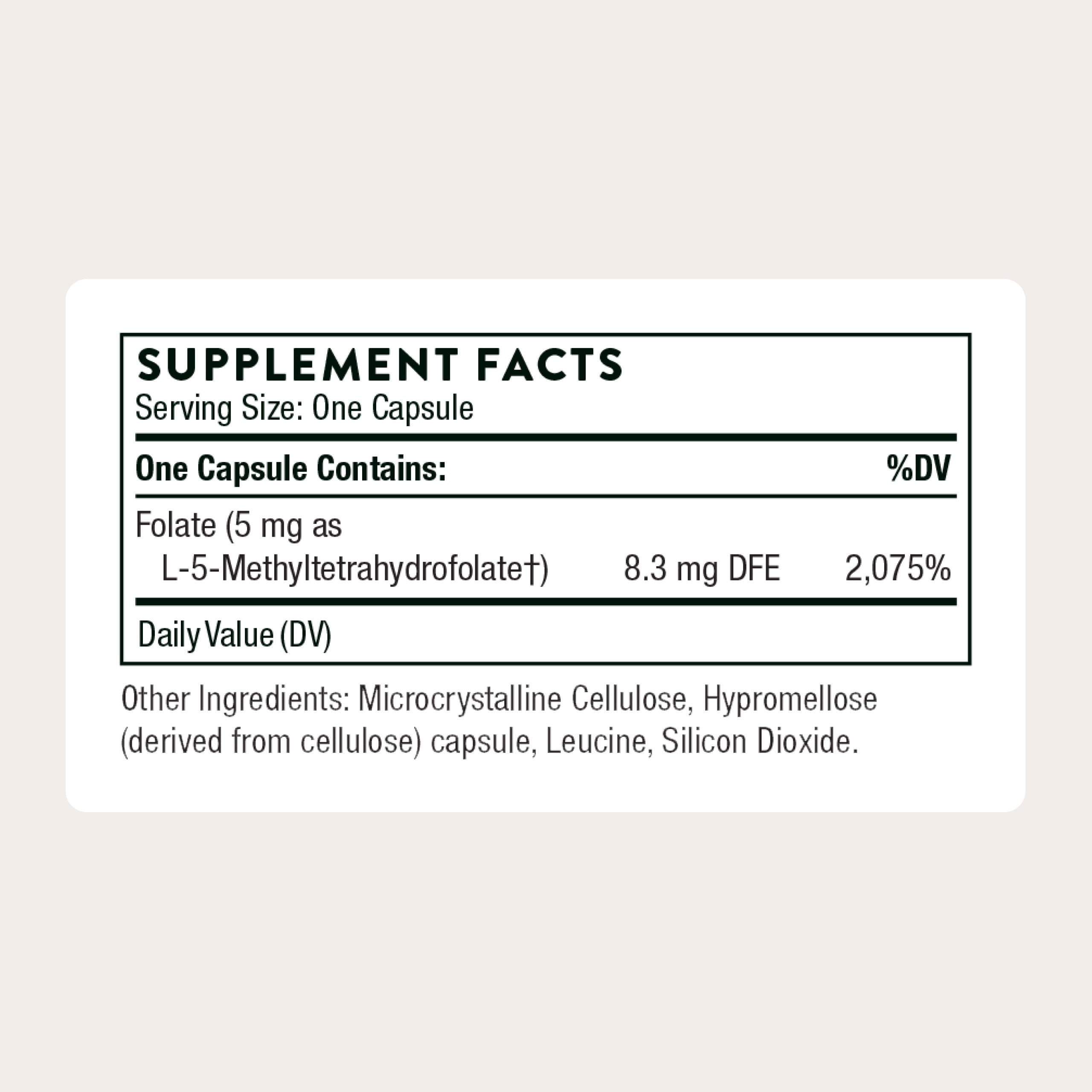 THORNE 5-MTHF bottle label closeup highlighting bioactive folate for methylation support.
