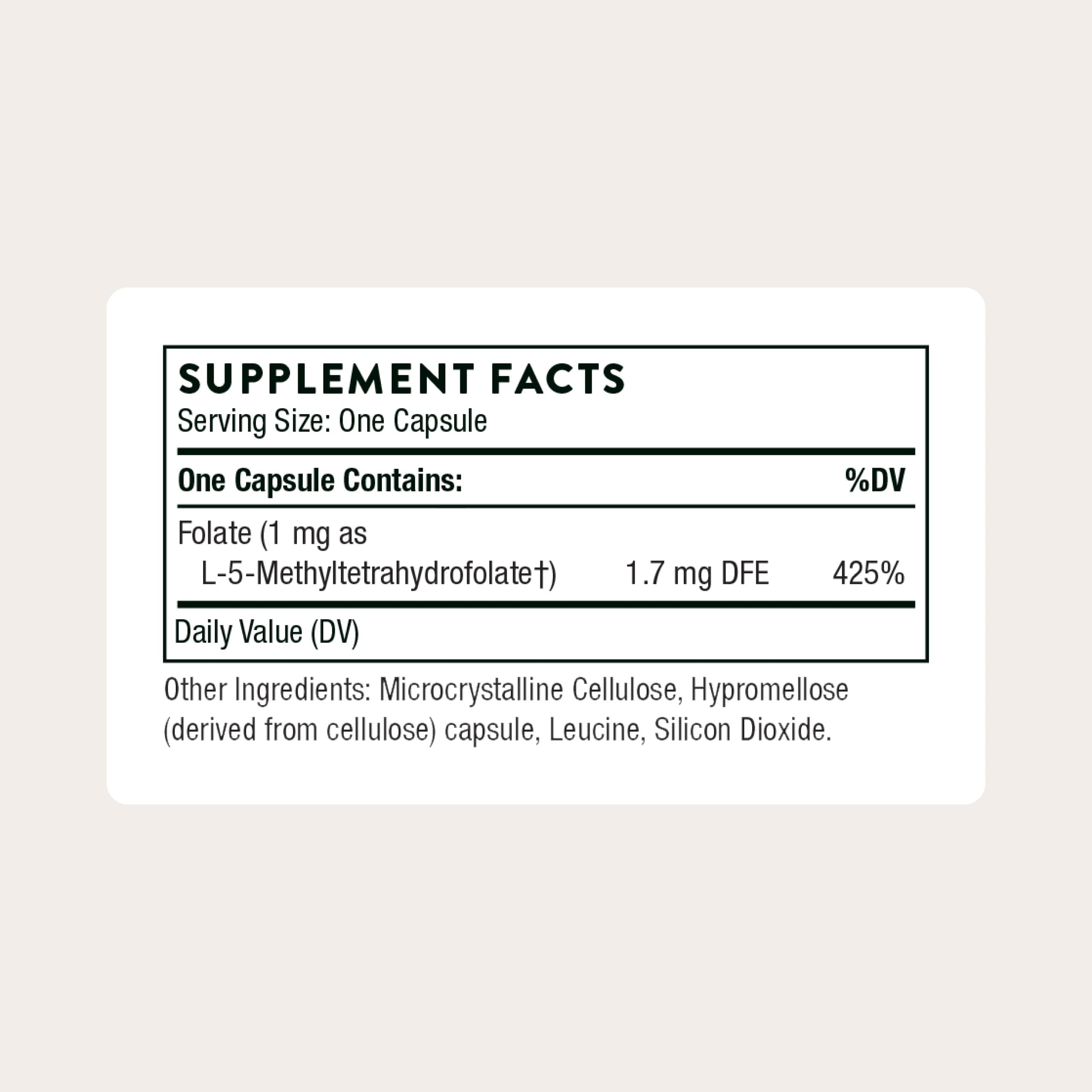 Close-up of THORNE 5-MTHF tablets for daily methylation support