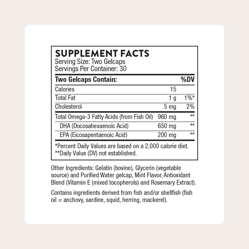 THORNE Advanced DHA softgels closeup showing mint flavor for easy swallowing.