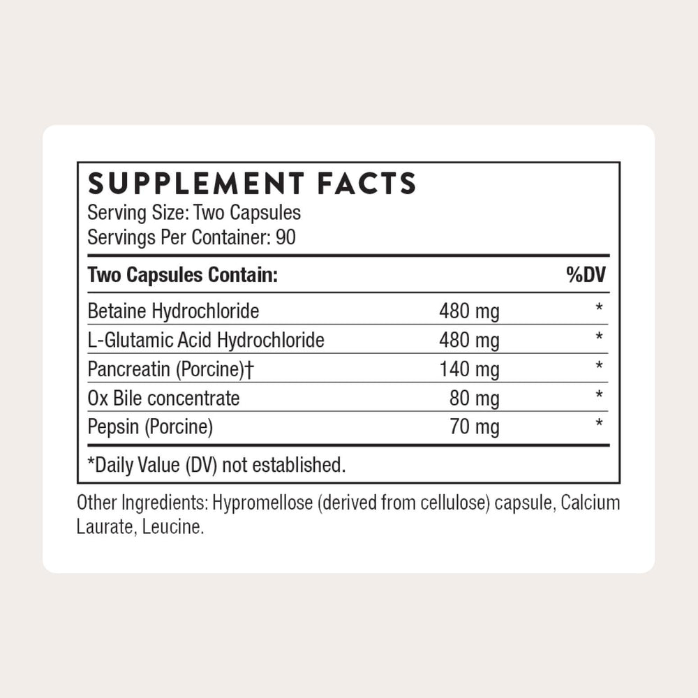 Thorne Advanced Digestive Enzymes blend with HCl and pepsin supports nutrient breakdown
