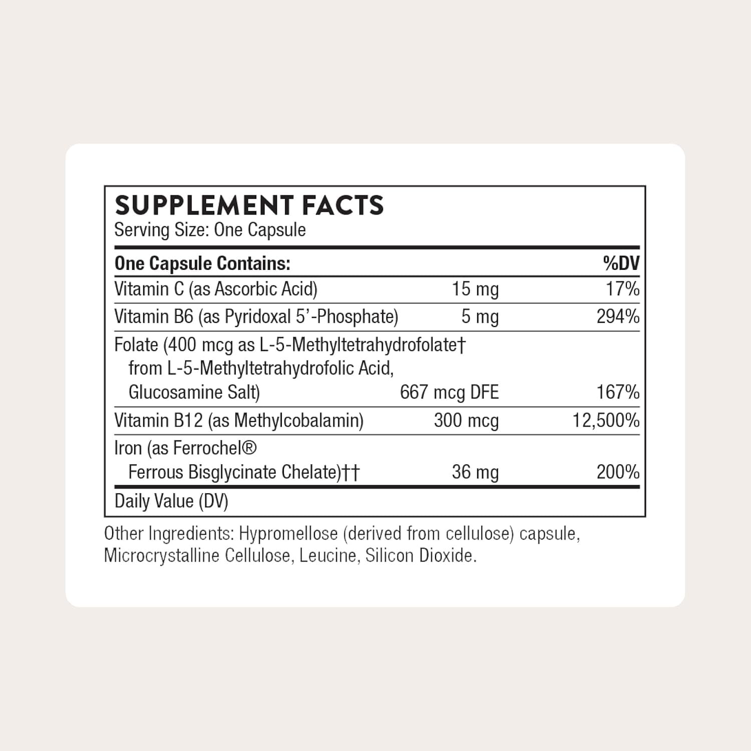 THORNE Advanced Iron Complex bottle close-up shows easy-to-swallow capsules