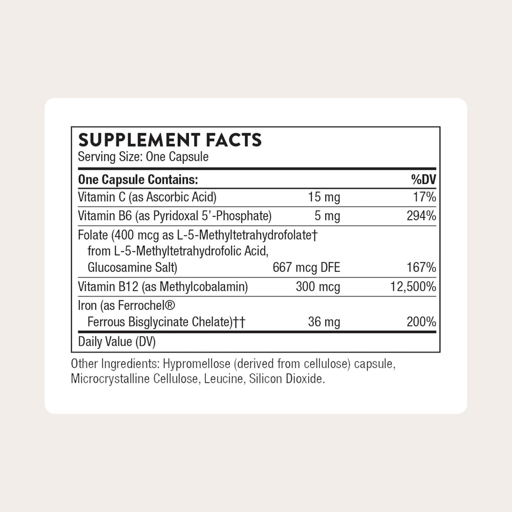 THORNE Advanced Iron Complex bottle close-up shows easy-to-swallow capsules