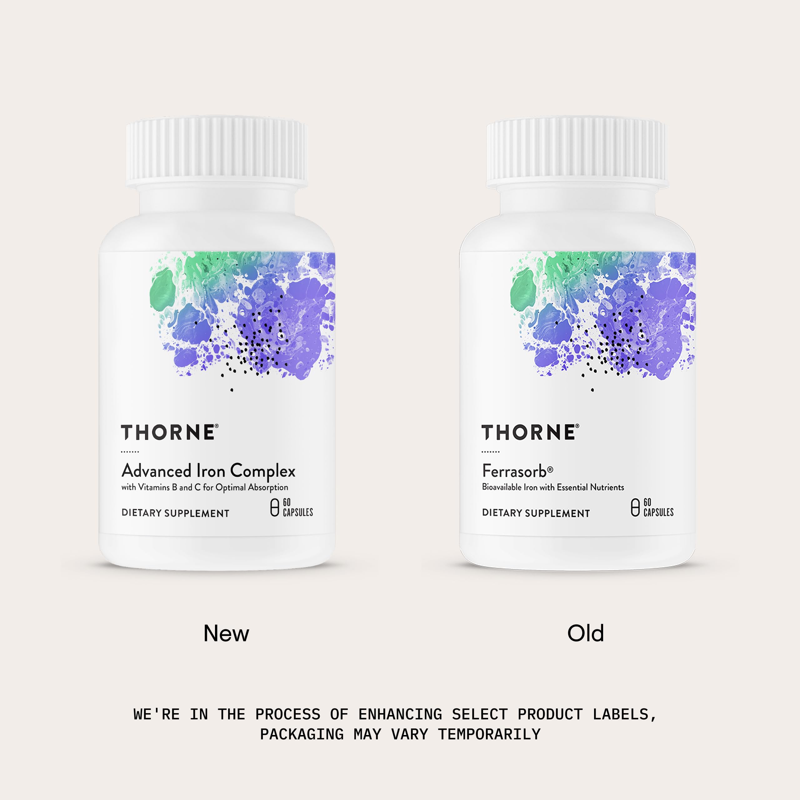 THORNE Advanced Iron Complex label details with chelated iron and B vitamins