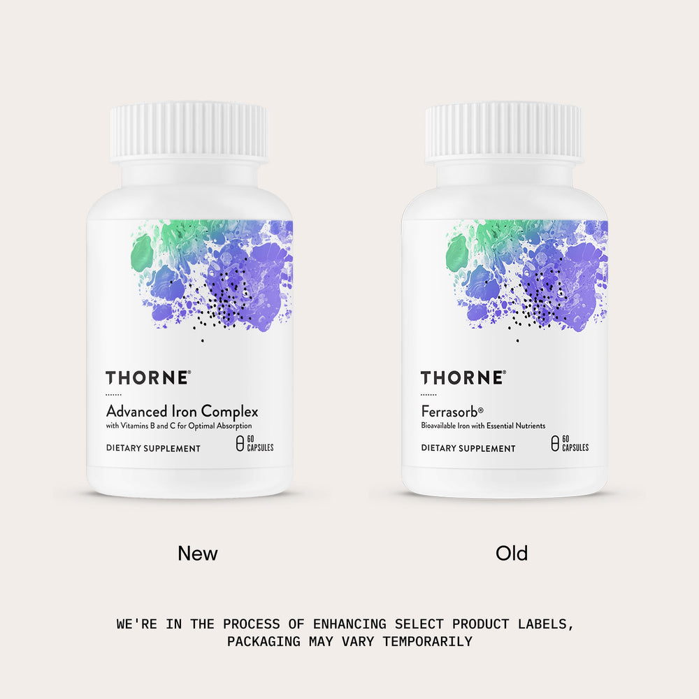 THORNE Advanced Iron Complex label details with chelated iron and B vitamins