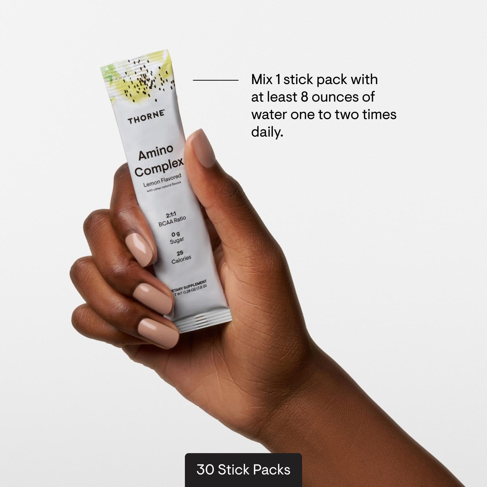 Dairy-free THORNE Amino Complex bottle highlighting allergen-friendly formula.