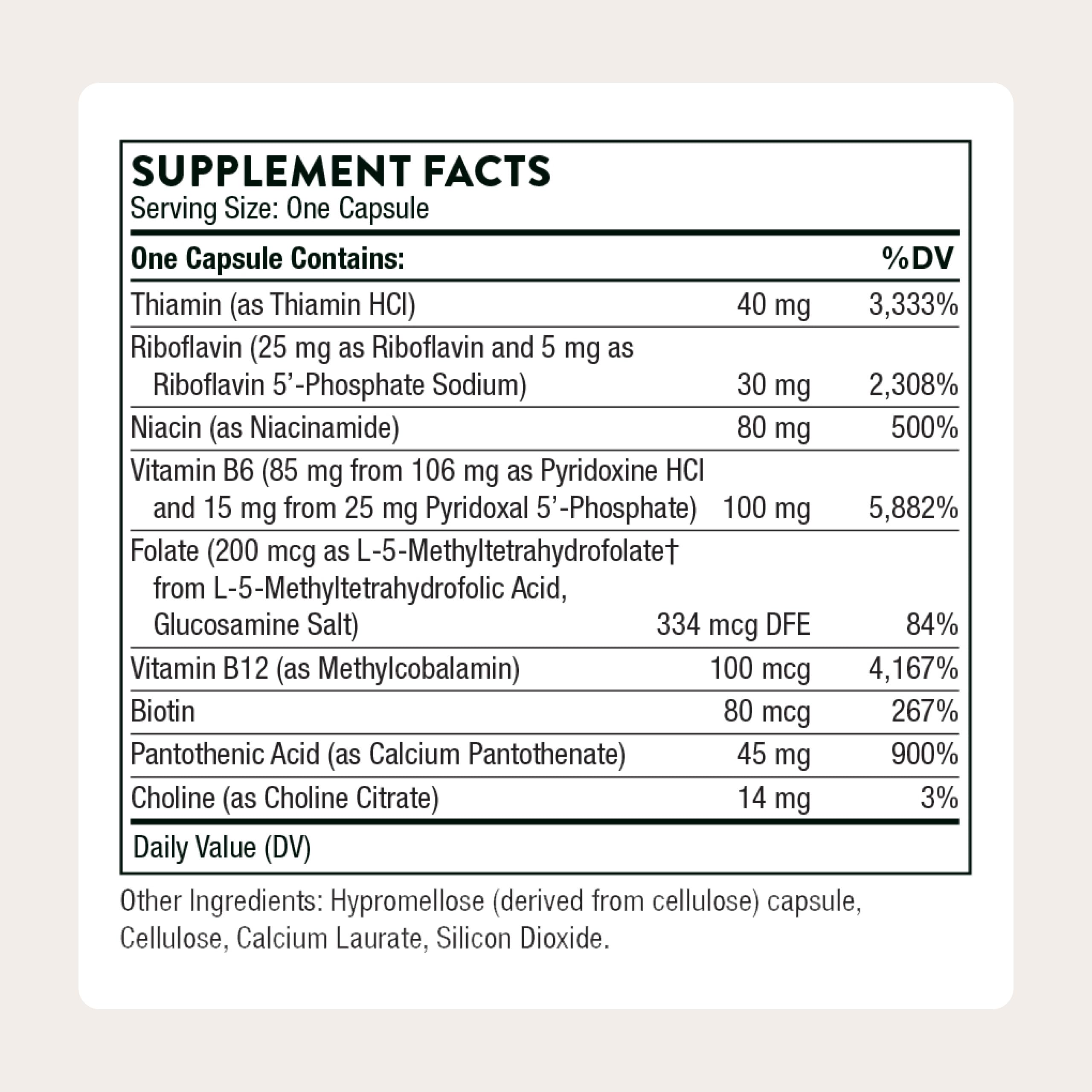 Thorne B-Complex6 bottle back with supplement facts and sport testing assurance.