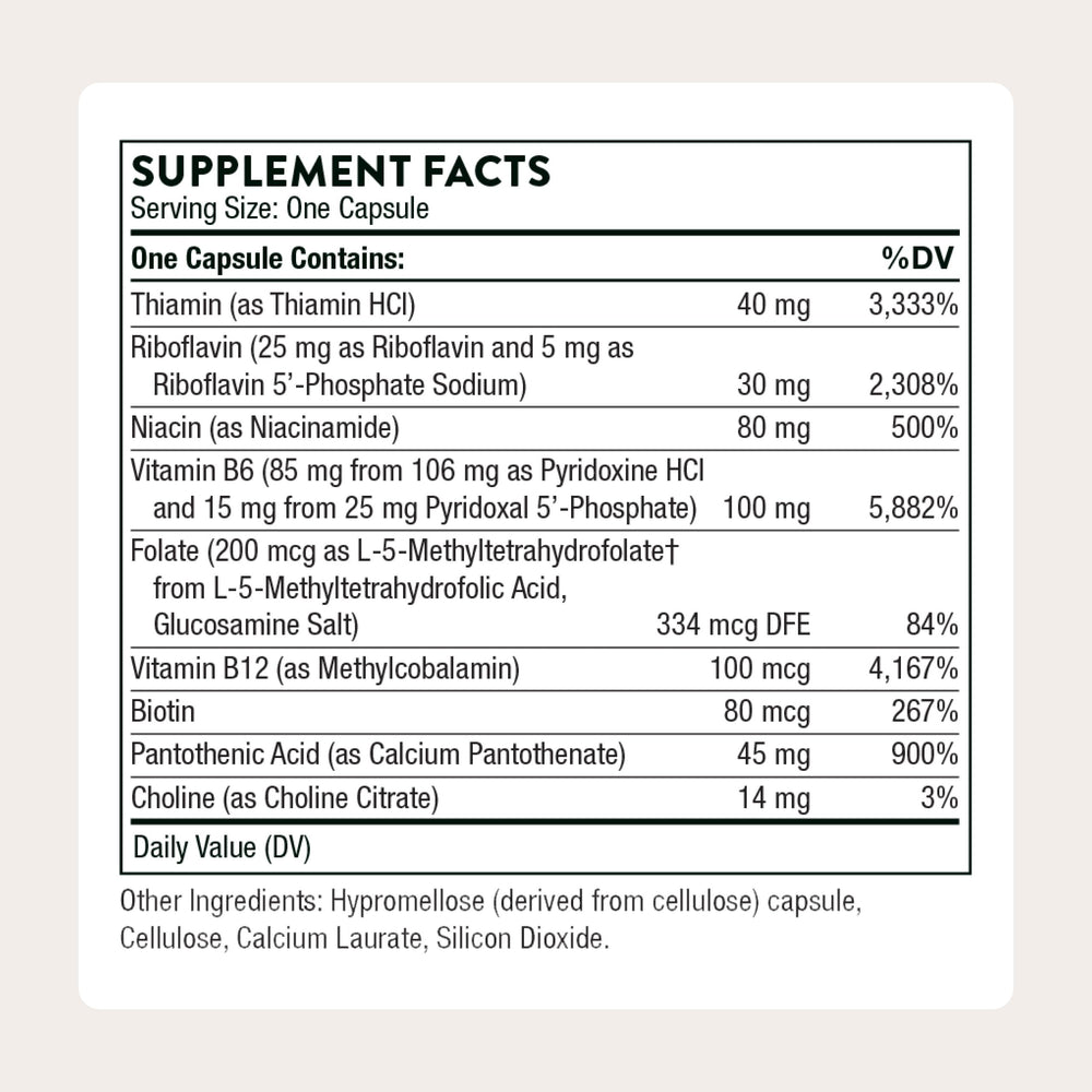 Thorne B-Complex6 bottle back with supplement facts and sport testing assurance.