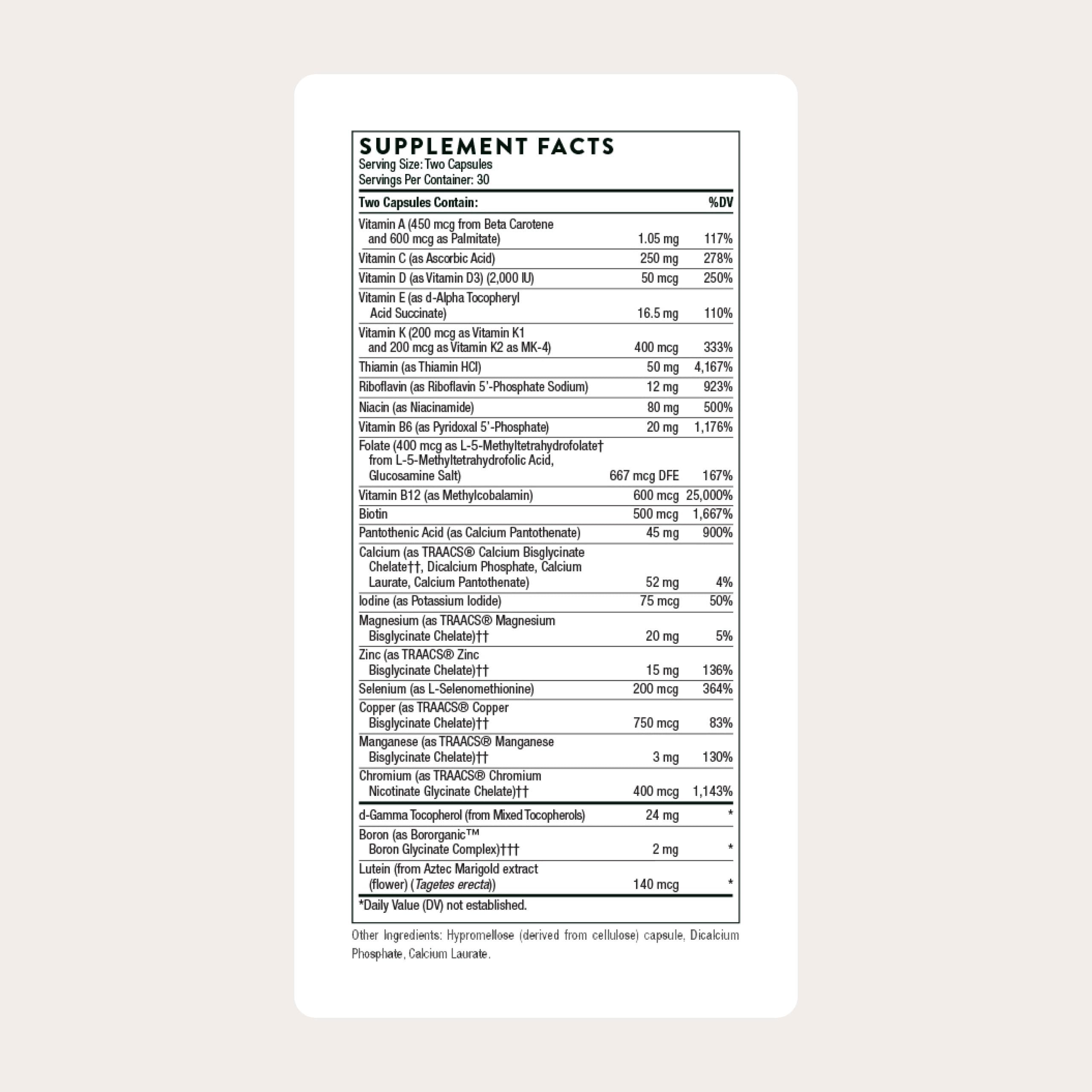 THORNE Basic Nutrients 2 Day bottle back shows label details for transparency.