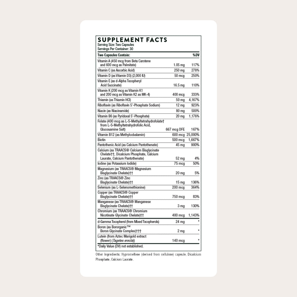 THORNE Basic Nutrients 2 Day bottle back shows label details for transparency.