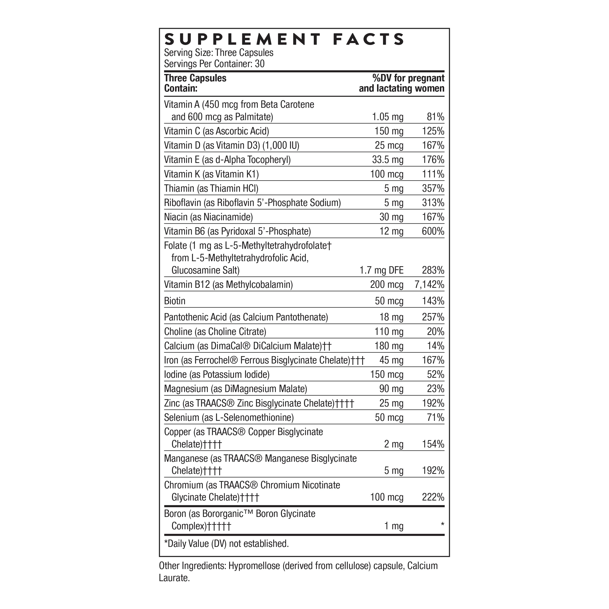 THORNE Basic Prenatal capsules, convenient daily supplement for expectant nourishment.