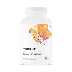 THORNE Betaine HCl & Pepsin bottle supports protein digestion after meals