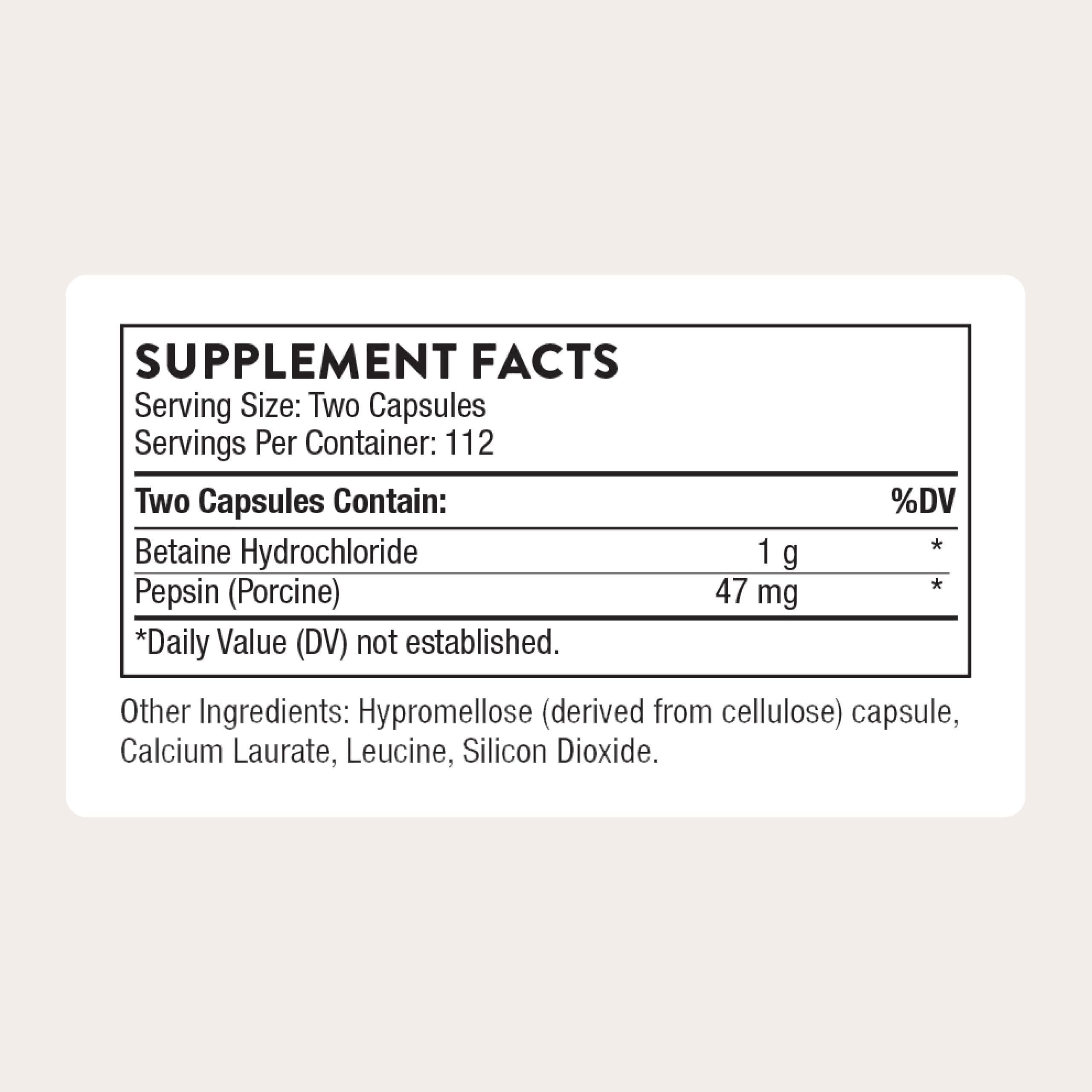 THORNE Betaine HCl & Pepsin label shows gluten-free and dairy-free formulation