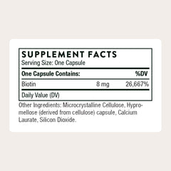 Thorne Biotin capsules close-up highlighting easy-to-swallow tablets for metabolism support.