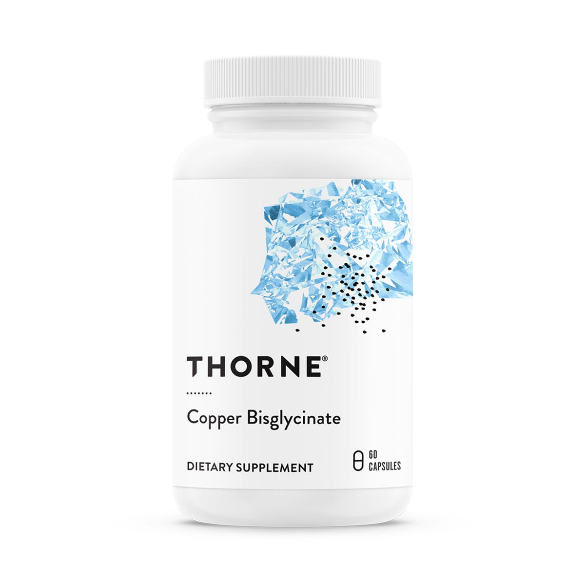 THORNE Copper Bisglycinate bottle closeup showing optimized absorption chelate.