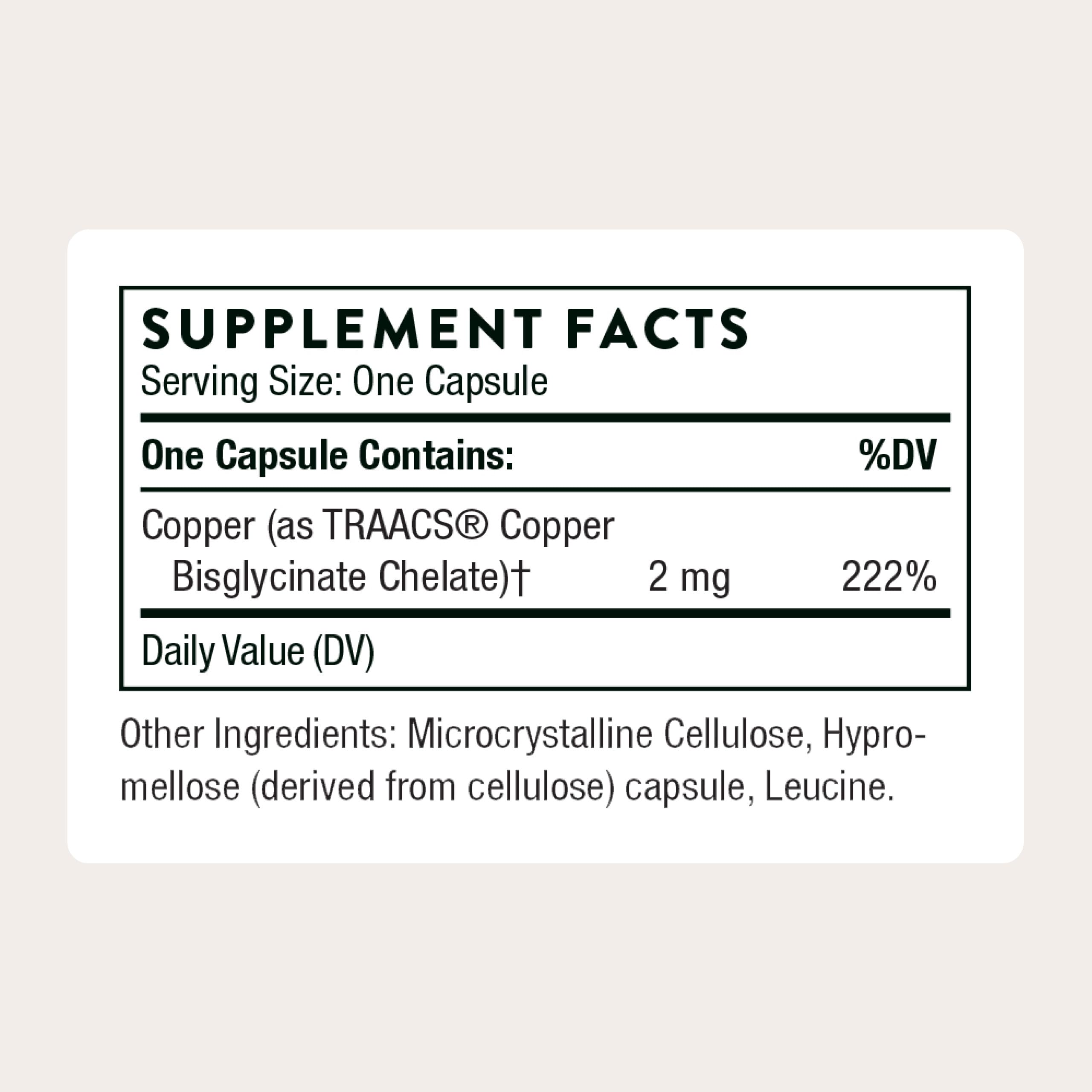 THORNE Copper Bisglycinate capsules packshot for easy daily use.