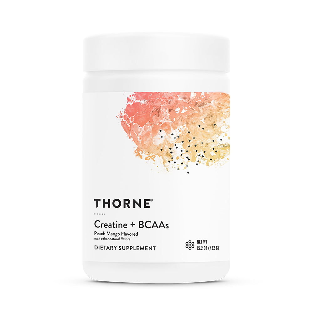 Thorne Creatine + BCAAs peach mango bottle supports endurance during training.