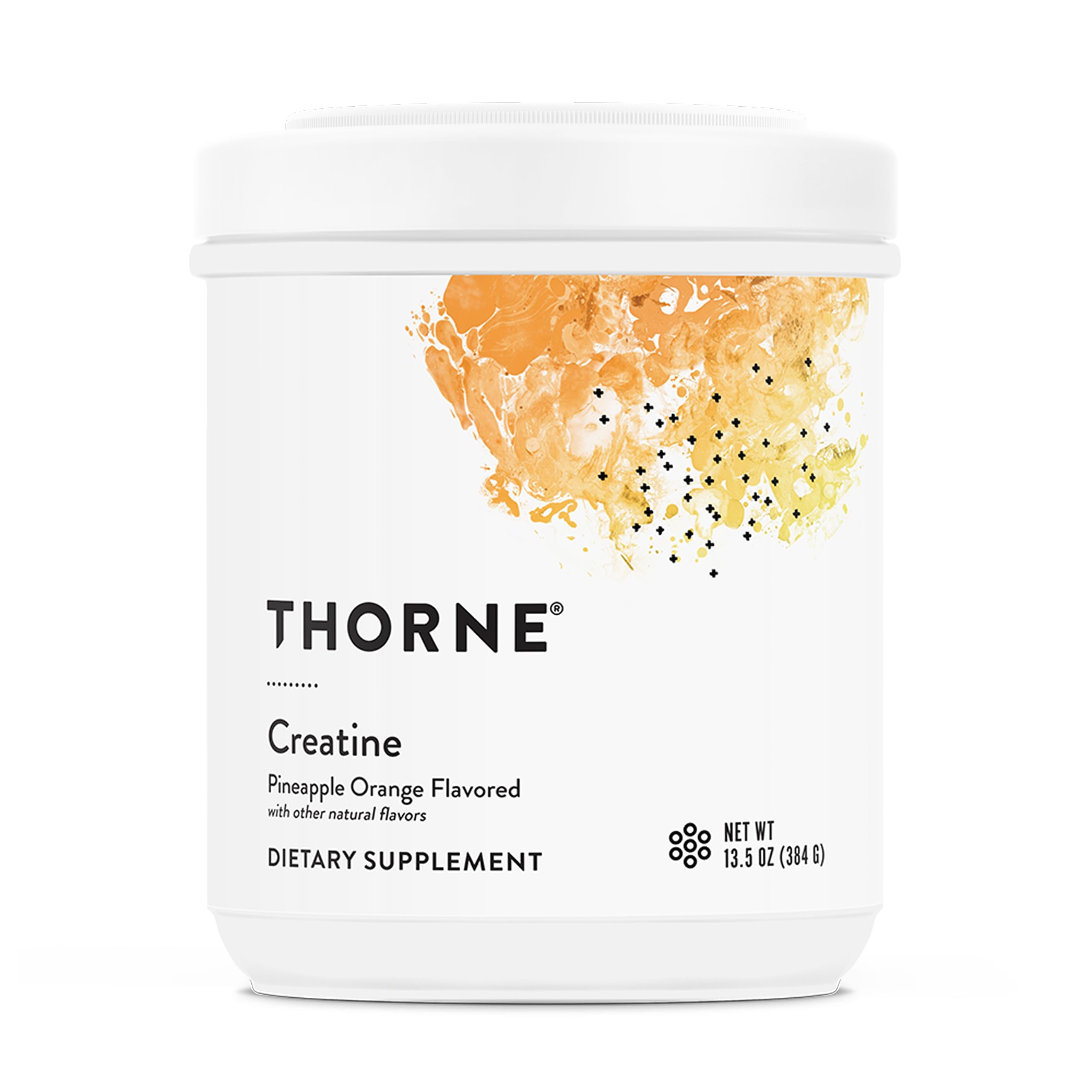 THORNE Creatine bottle close-up with pineapple orange flavor for workout support.
