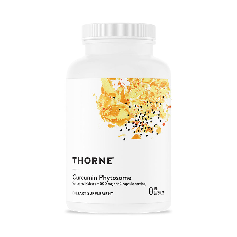 THORNE Curcumin Phytosome bottle front highlights Meriva for absorption.