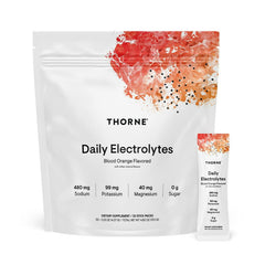 THORNE Daily Electrolytes blood orange bottle for zero-sugar hydration during workouts.
