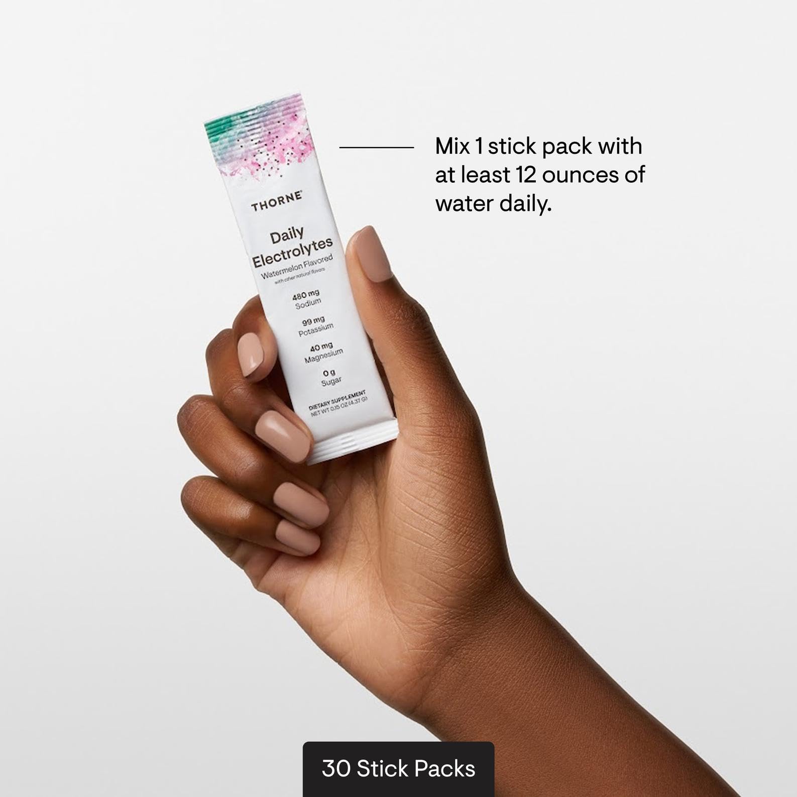THORNE Daily Electrolytes watermelon zero sugar sachet is refreshing and easy to mix.