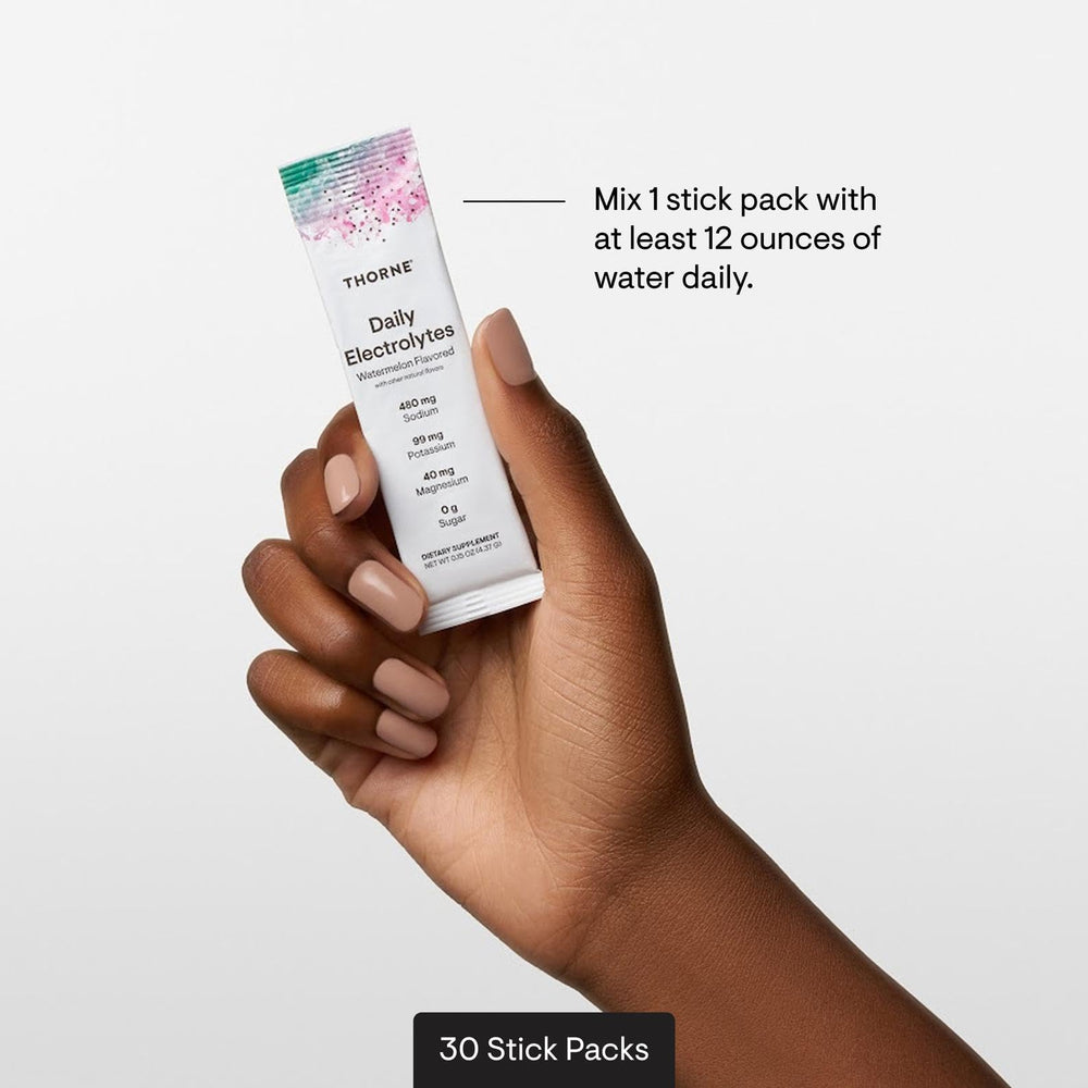 THORNE Daily Electrolytes watermelon zero sugar sachet is refreshing and easy to mix.