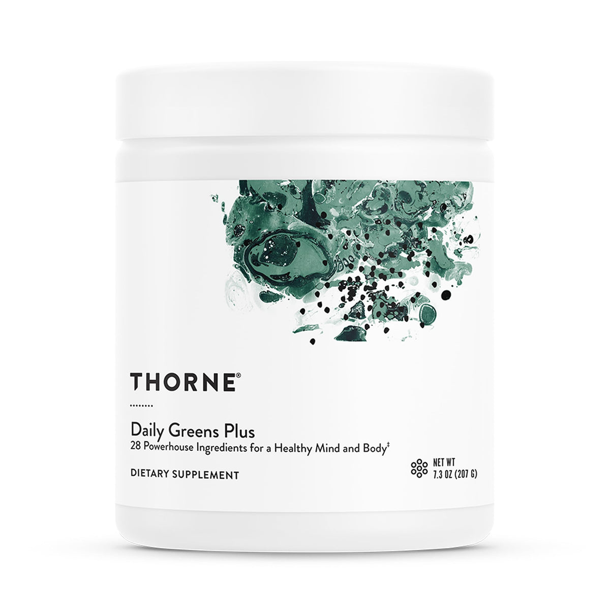 THORNE Daily Greens Plus mint powder in a glass for refreshing daily nutrition