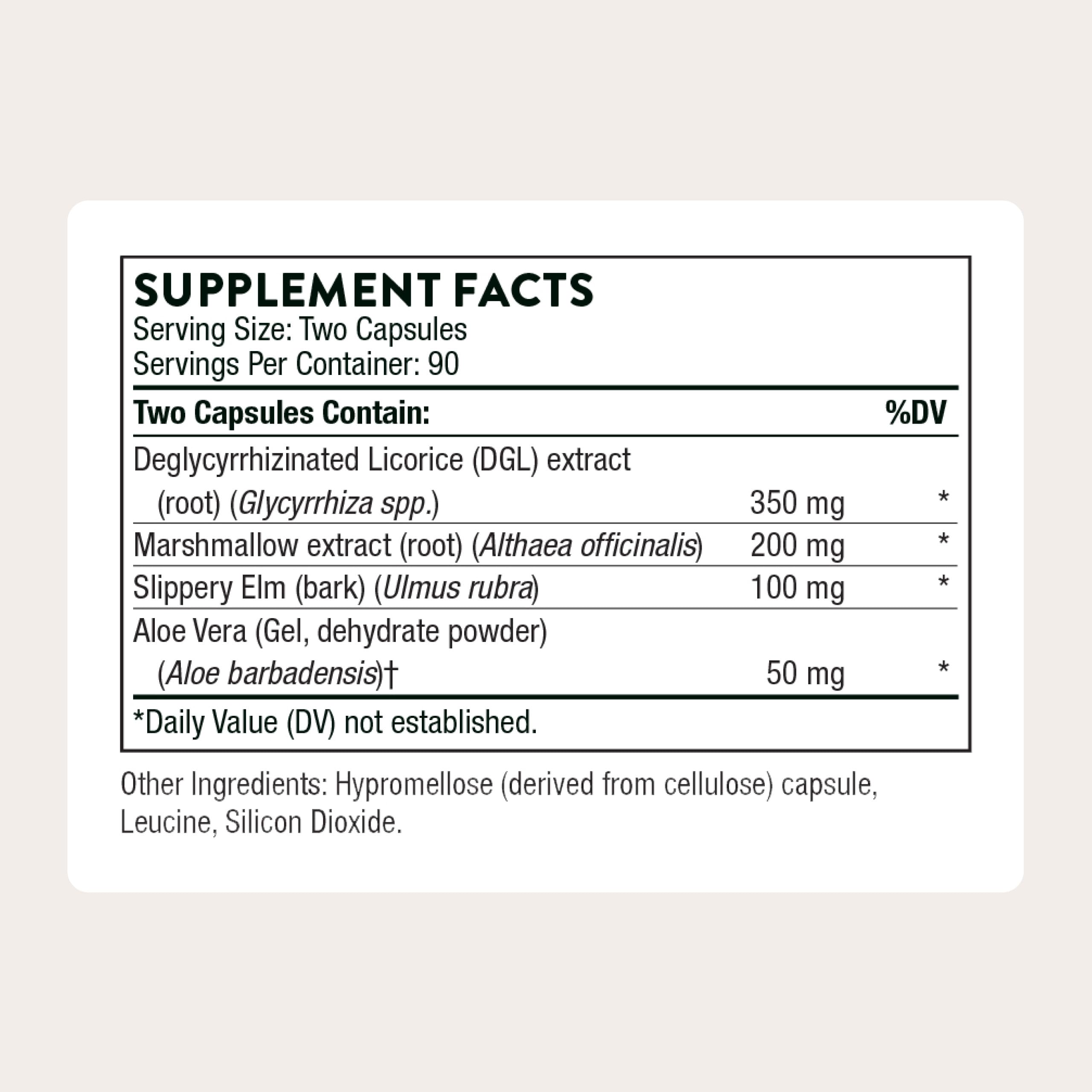 Thorne GI Relief label closeup with key botanical ingredients