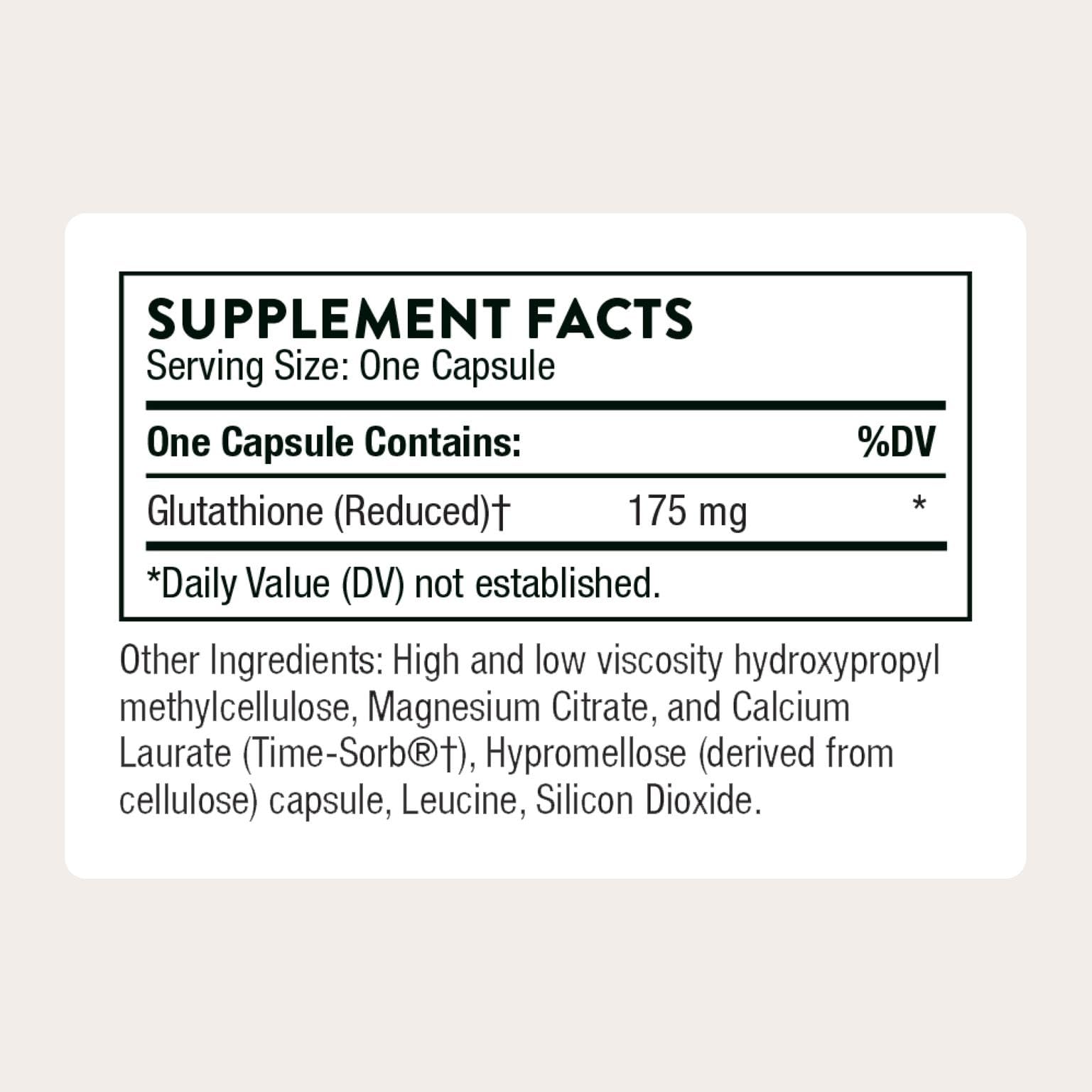 THORNE Glutathione-SR bottle back shows capsules and allergen-free formulation