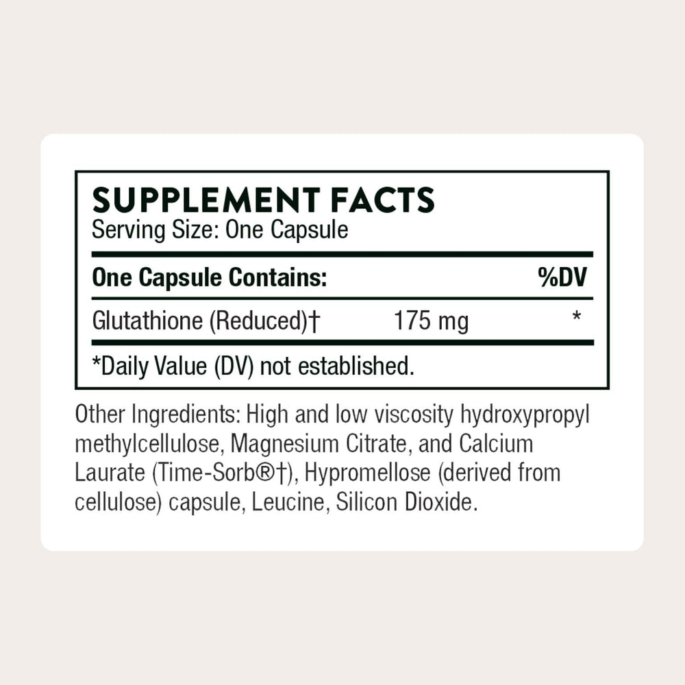 THORNE Glutathione-SR bottle back shows capsules and allergen-free formulation