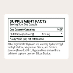 THORNE Glutathione-SR bottle back shows capsules and allergen-free formulation
