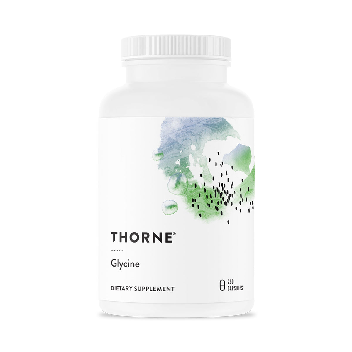 THORNE Glycine relaxation capsules on shelf, supporting calm and balanced stress management.