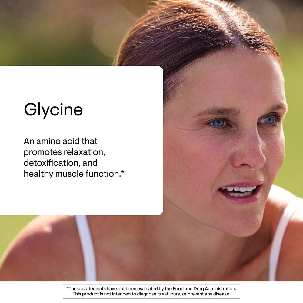 THORNE Glycine product label close-up emphasizing third-party certification and quality assurance.