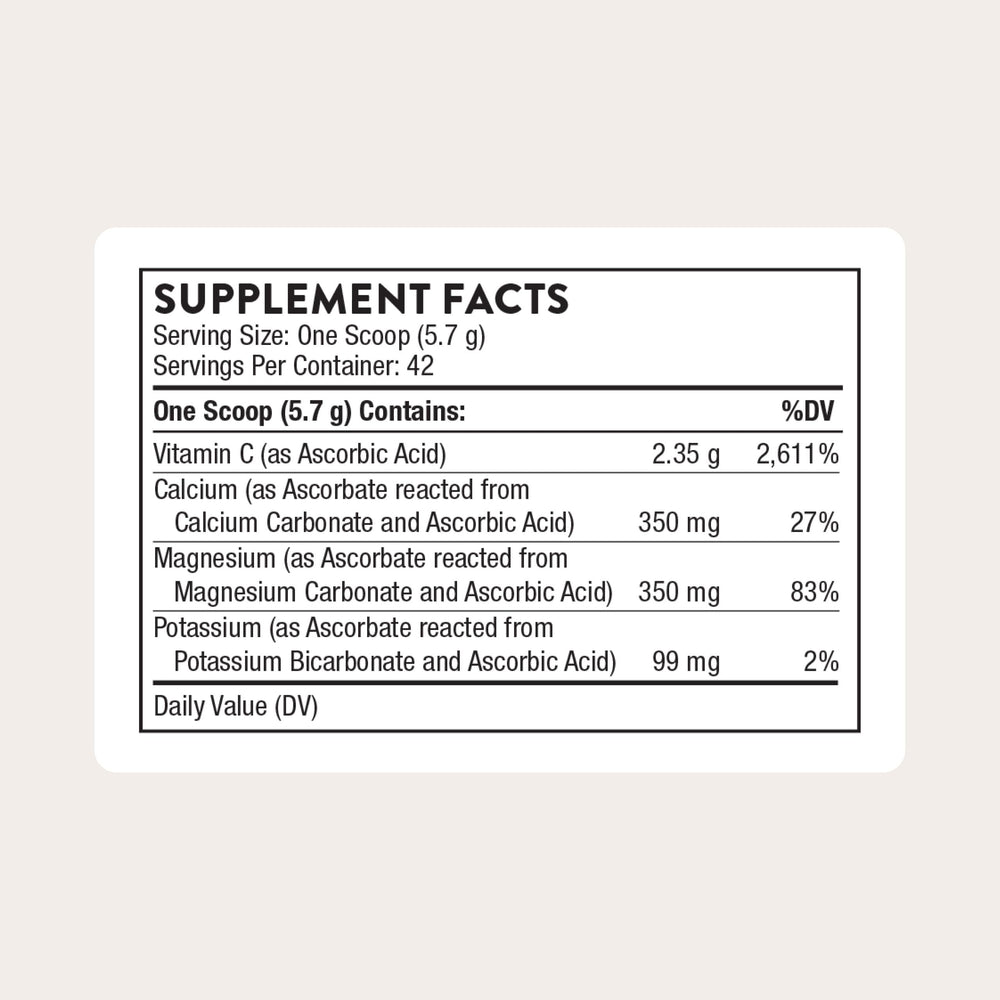 THORNE vitamin C bottle being poured highlights easy daily use.